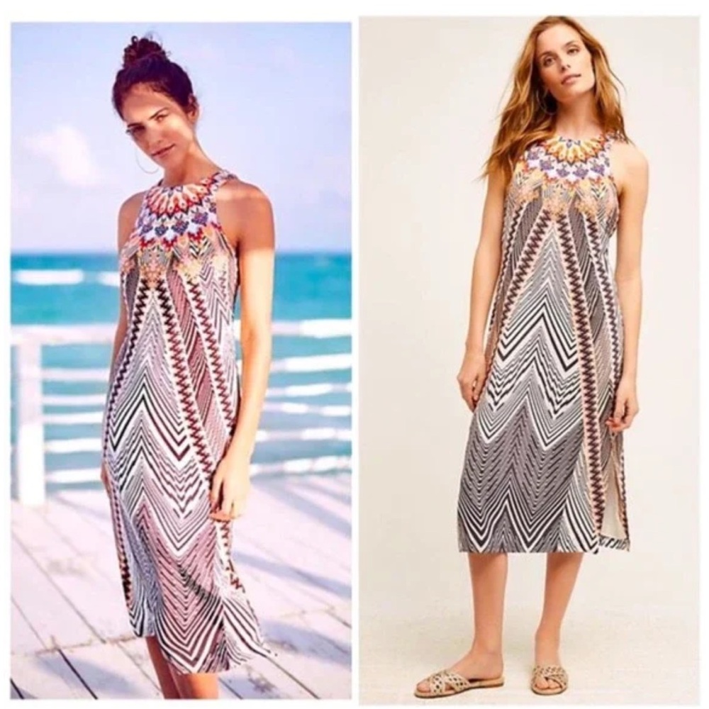 HD in Paris Anthropologie Solstice 100% Silk Vibrant Chevron Printed Dress -Sz 6